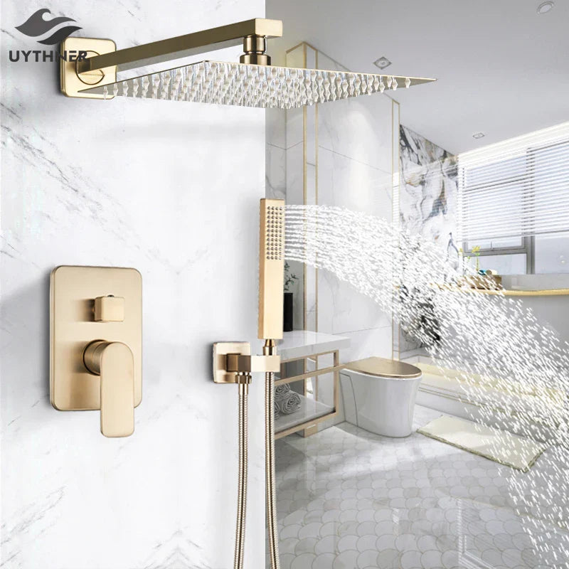 Afralia™ Golden 8" Rainfall Shower Faucet Set with Handshower - Wall Mounted Luxury Mixer Tap