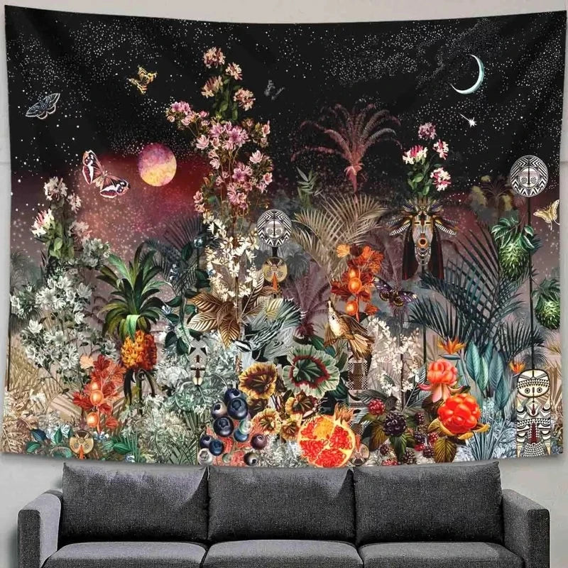 Psychedelic Moon & Starry Sky Tapestry by Afralia™ - Room & Dorm Decor Art