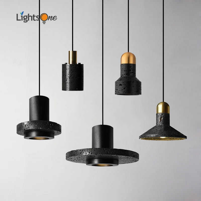 Afralia™ Black Travertine Cement Terrazzo Pendant Light Industrial Hat Light