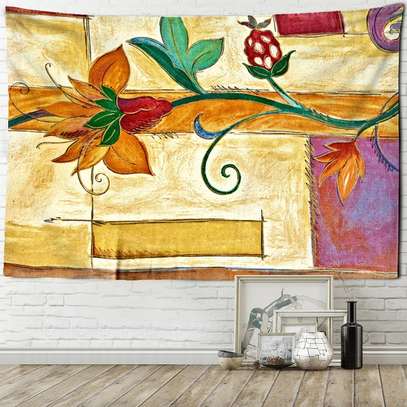 Yellow Flowers Ink Tapestry Wall Mount Bohemian Style by Afralia™ - Mandala Witchcraft Decor