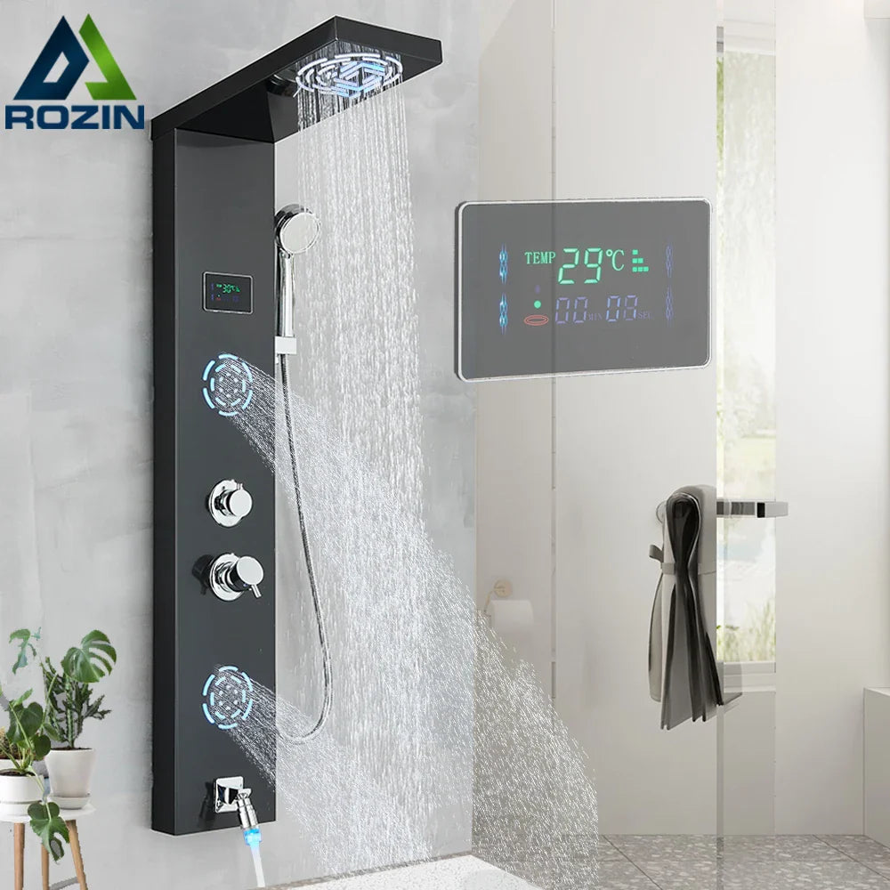 Afralia™ LCD Black LED Rainfall Shower Panel with 5 Massage Jets Wall Mount