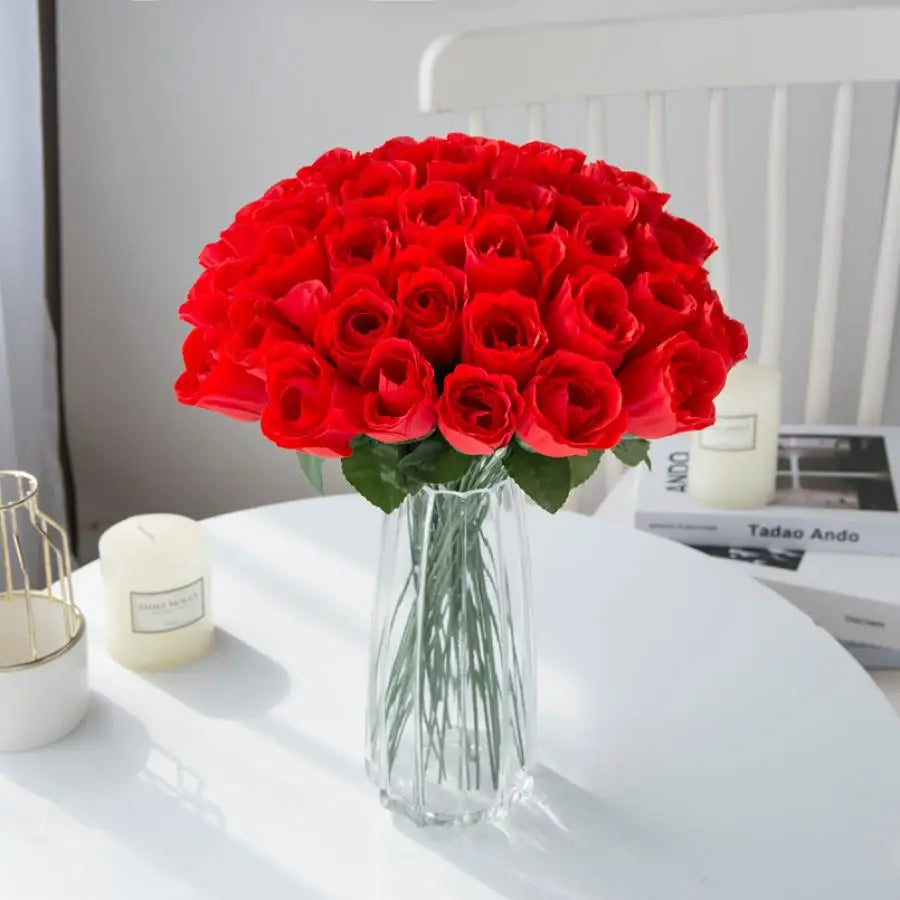 Afralia™ Red Silk Roses Bouquet Vase - Home Garden Wedding Decor Fake Flowers Bouquet