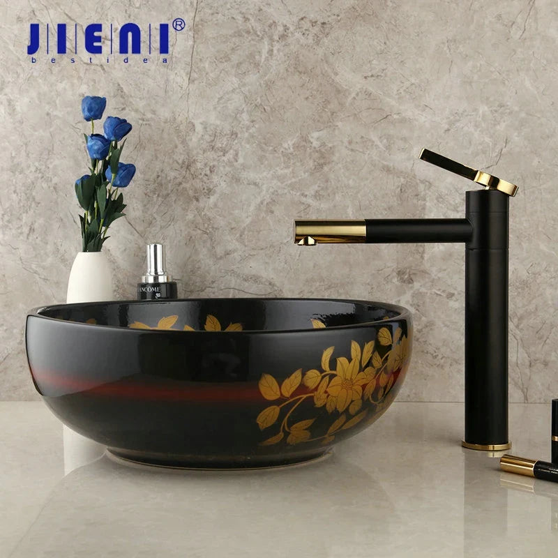 Afralia™ Black Ceramic Hand-Painted Washbasin with Swivel Brass Faucet