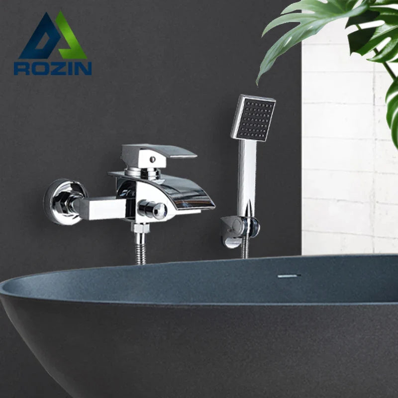 Afralia™ Black Wall Mount Bathtub Shower Faucet with Waterfall Spout