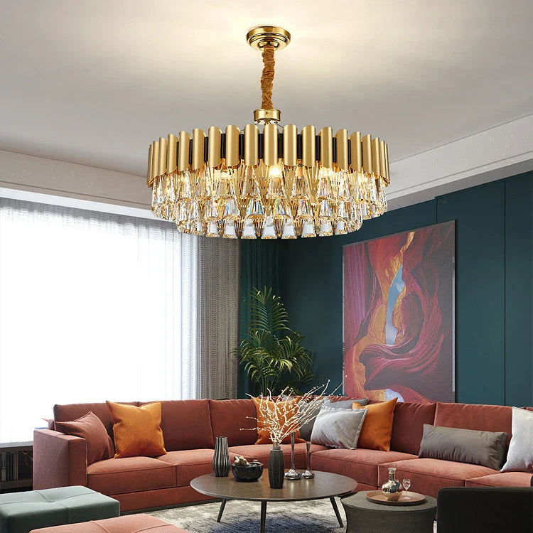 Afralia™ Golden Stainless Steel Crystal Chandelier | LED Round Oval Lustre Fixture
