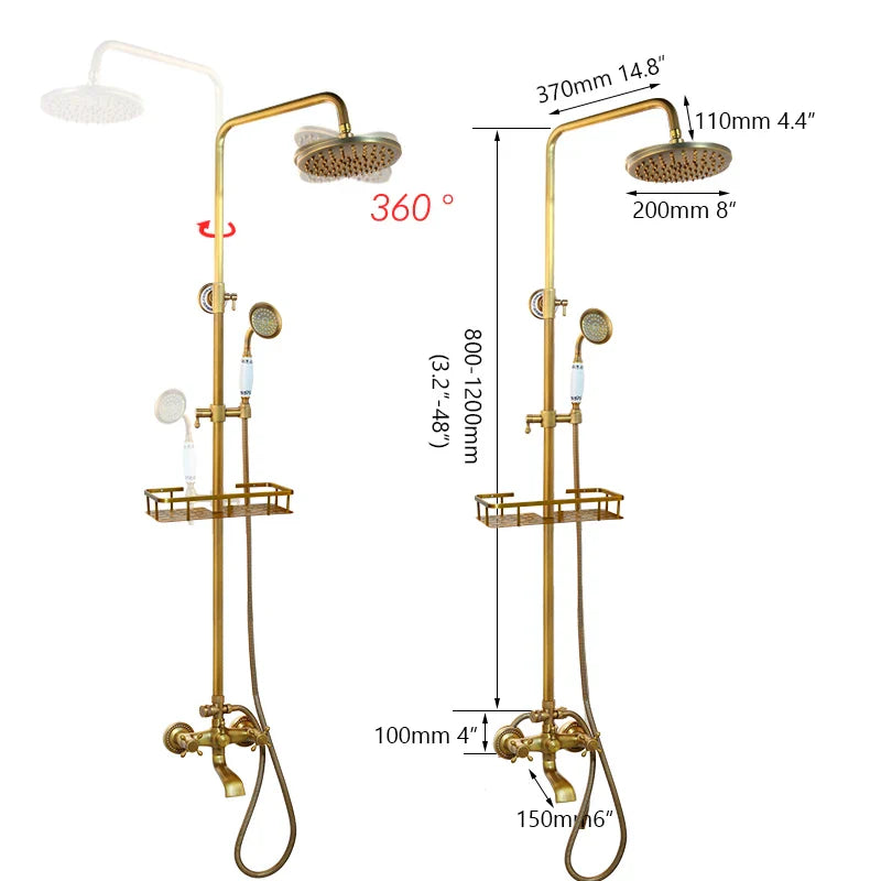 Afralia™ Antique Brass Rainfall Shower Faucet Set with Handshower and Shelf