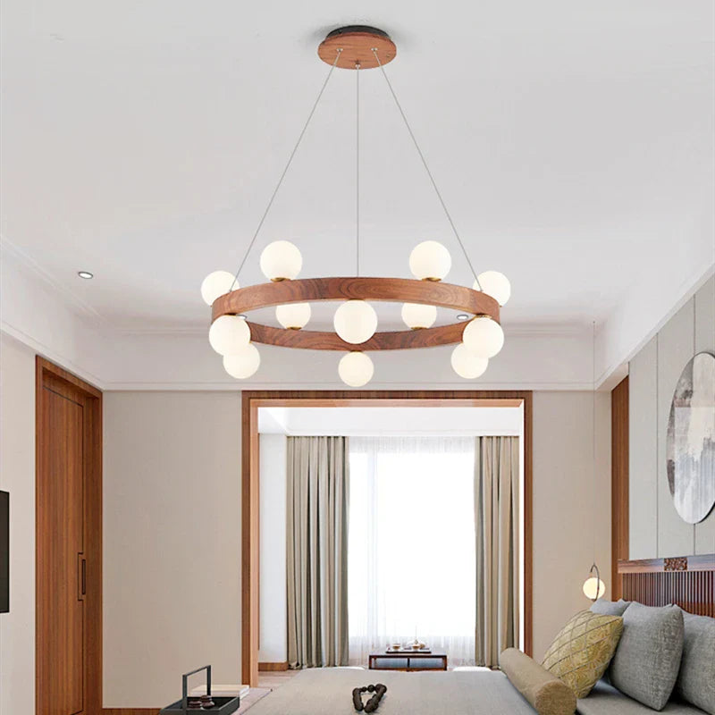 Afralia™ Round Glass Walnut Chandelier - Solid Wood Pendant Light for Living, Dining, Bedroom