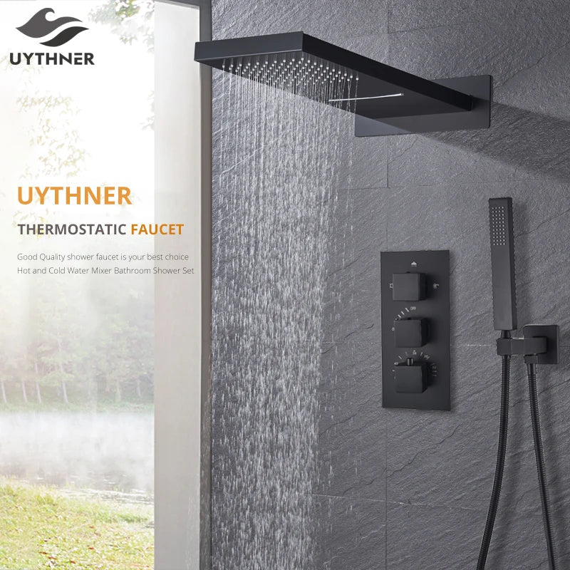 Afralia™ Black Thermostatic Waterfall Rainfall Shower Faucet with Handshower