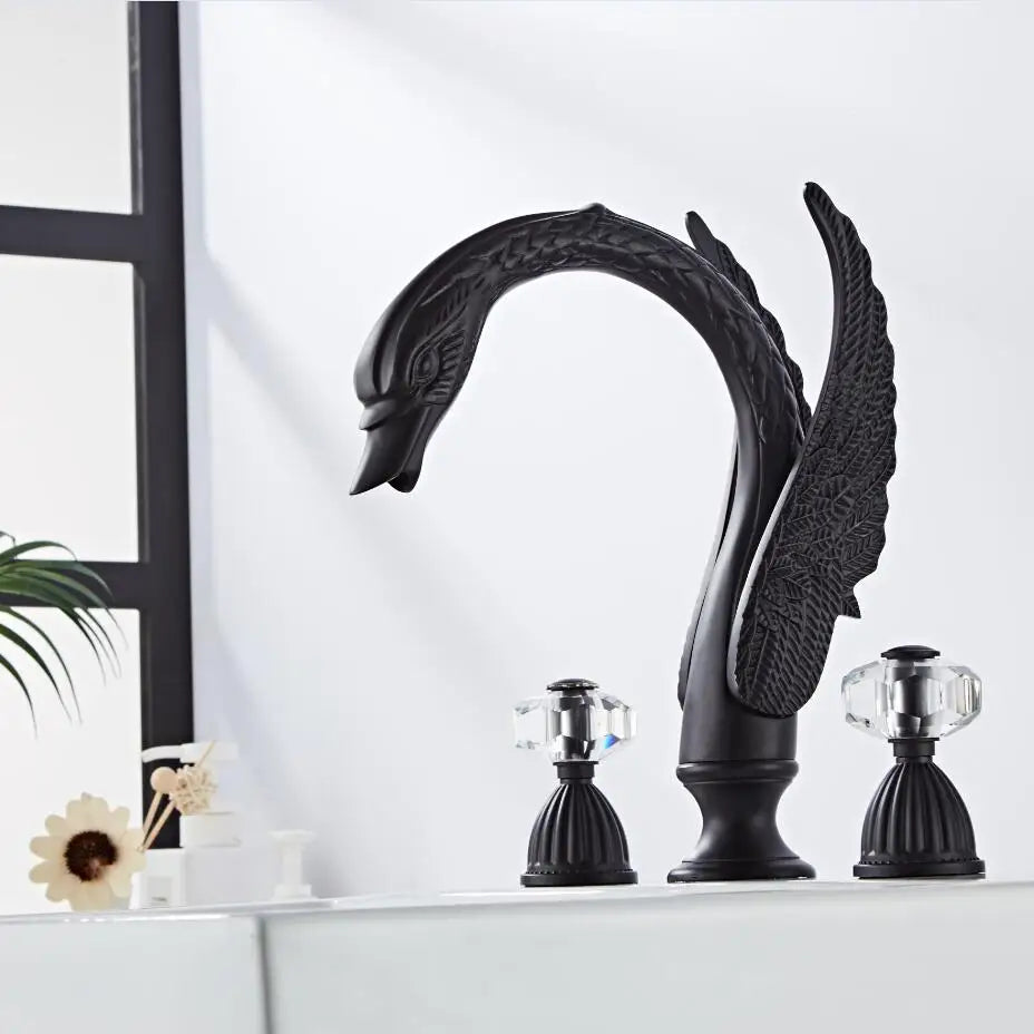 Afralia™ Swan Basin Faucet Gold Brass 3-Hole Black Oil Brushed Sink Tap