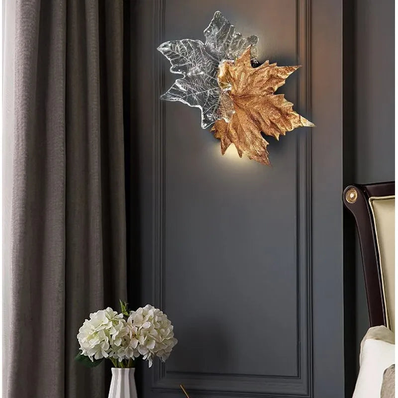 Afralia™ Luxury Copper Maple Leaf Crystal Glass Wall Sconce