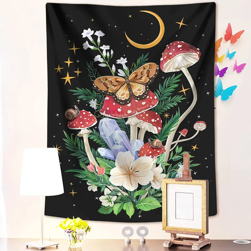 Afralia™ Mushroom Moon Star Tapestry Floral Wall Hanging for Boho Bedroom Decor