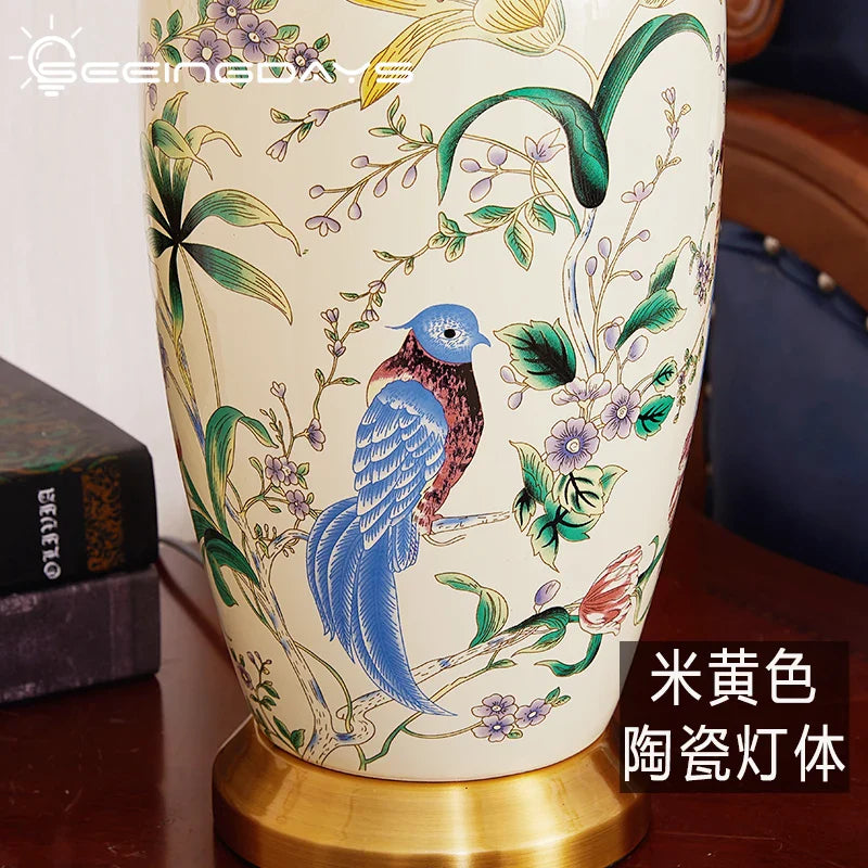 Afralia™ Country Flower Bird Ceramic Table Lamp Modern Simple Retro Bedroom Bedside