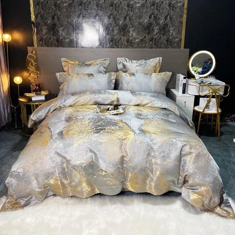 Afralia™ Black Gold Jacquard Egyptian Cotton Bedding Set, Satin Duvet Cover, Fitted Sheet Pillowcases