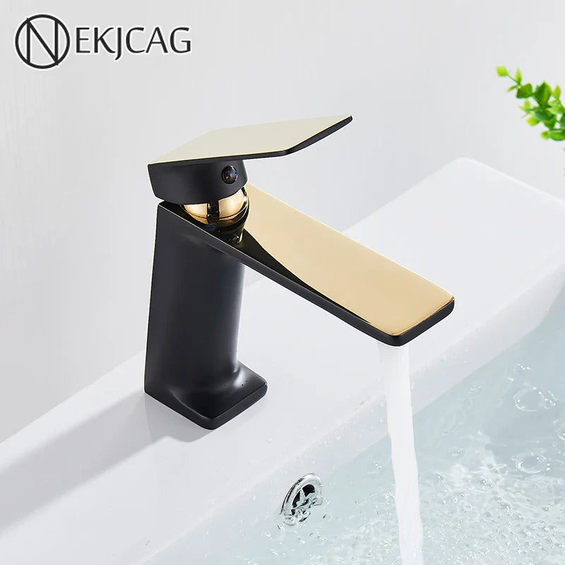 Afralia™ Black Gold Basin Faucet: Stylish Deck Mounted Bathroom Sink Faucet with Gold Handle