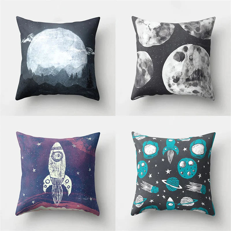 Afralia™ Cartoon Planet Astronaut Moon Rocket Pillow Case 45x45cm Square Cushion Cover