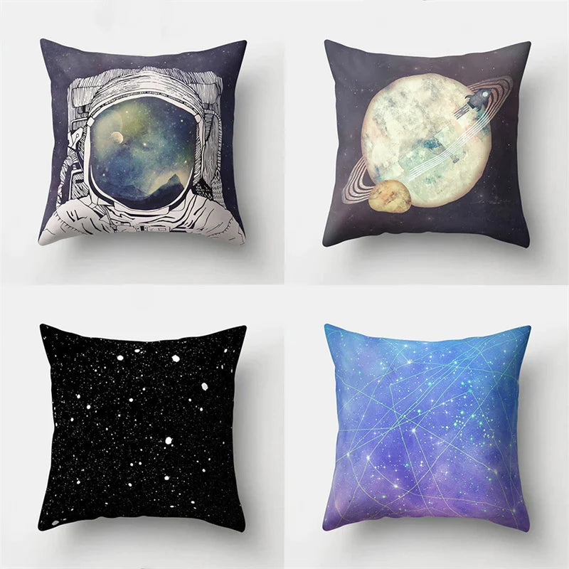 Afralia™ Cartoon Planet Astronaut Moon Rocket Pillow Case 45x45cm Square Cushion Cover