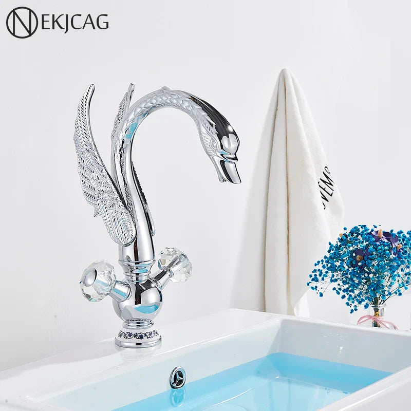 Afralia™ Chrome Double Handle Bathroom Sink Mixer Faucet Deck Mount Brass Swan Shape