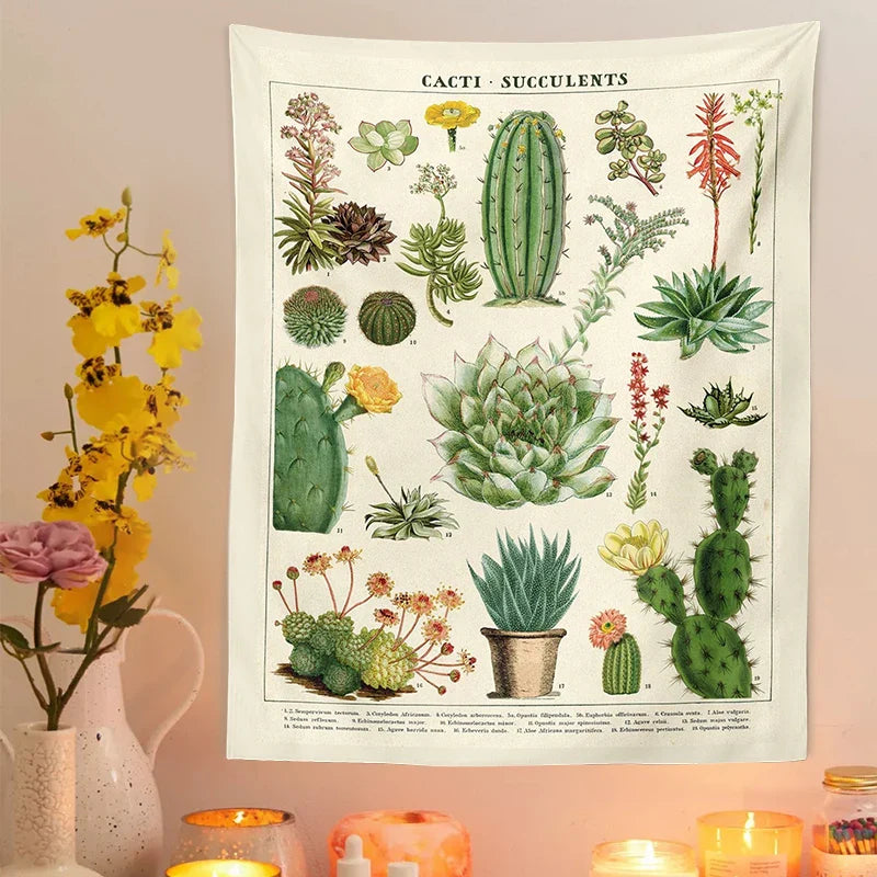 Afralia™ Cactus Tapestry Wall Hanging: Retro Succulents Mushroom Chart Hippie Boho Decor