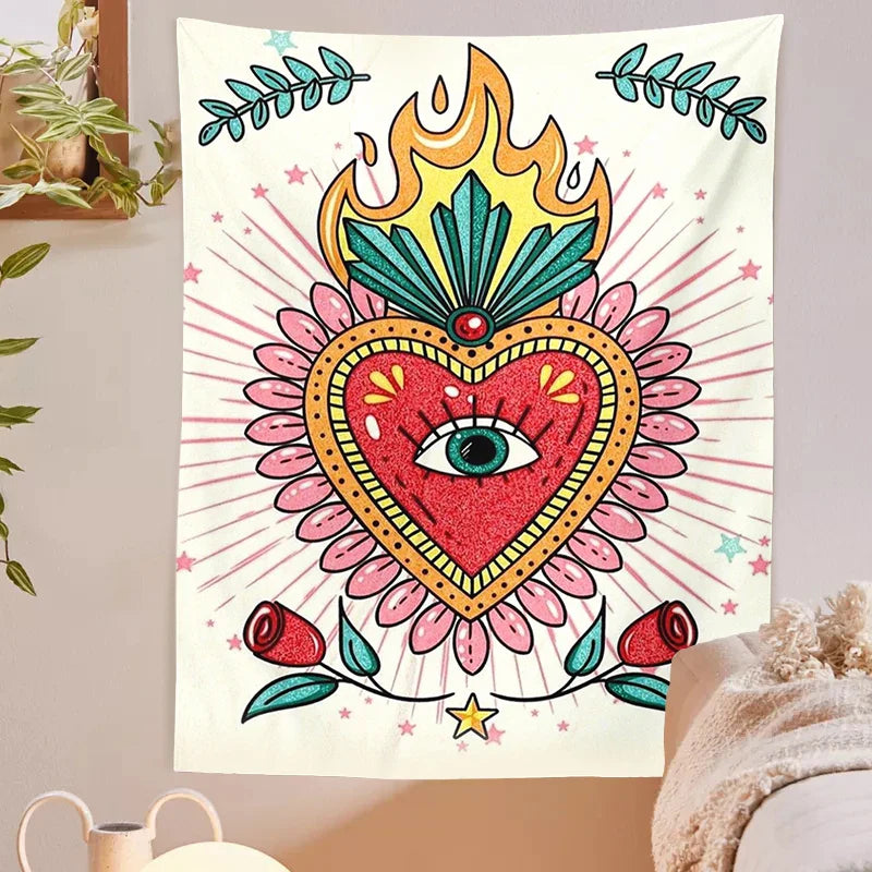 Psychedelic Floral Heart Tapestry Vintage Wall Blanket Boho Decor for Afralia™