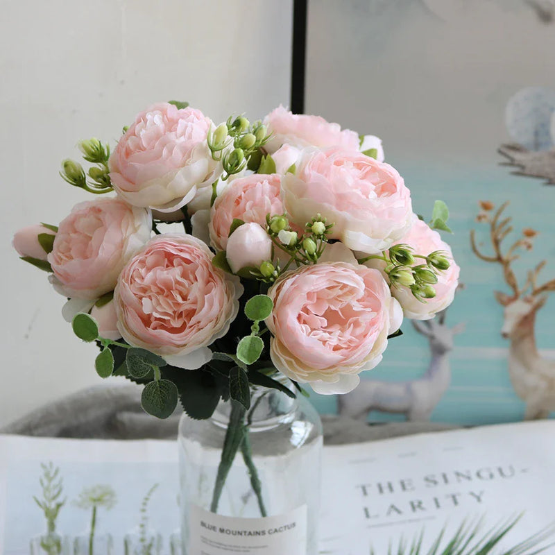 Afralia™ Peony Rose Bouquet Silk Vase Home Garden Wedding Fake Plants Decor