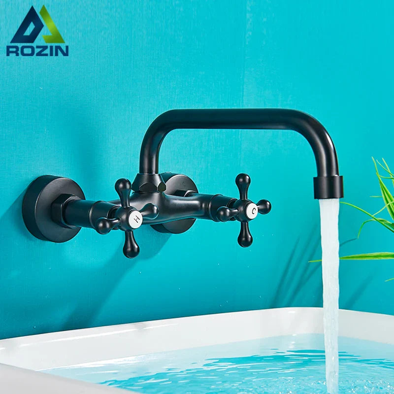 Afralia™ Antique Brass Basin Faucet Wall Mounted Dual Handles Swivel Spout Mixer Tap