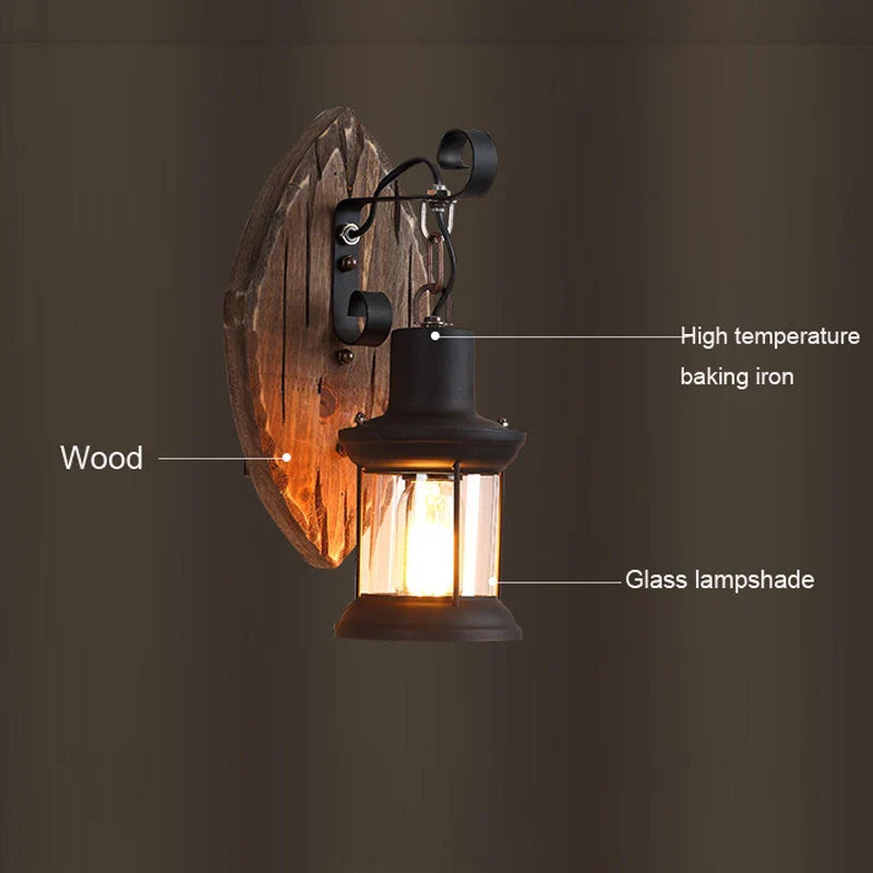 Afralia™ Vintage Wood Glass Wall Light for Restaurant Cafe Bar Bedroom Home