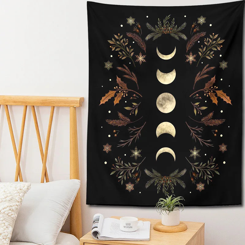 Afralia™ Moon Phase Boho Wall Tapestry: Black Psychedelic Carpet for Home Decor