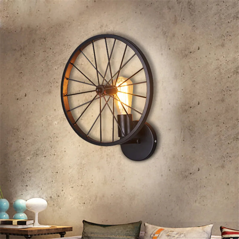 Afralia™ Industrial Metal Wheel Wall Sconce - Vintage Loft Bedside Light Fixture