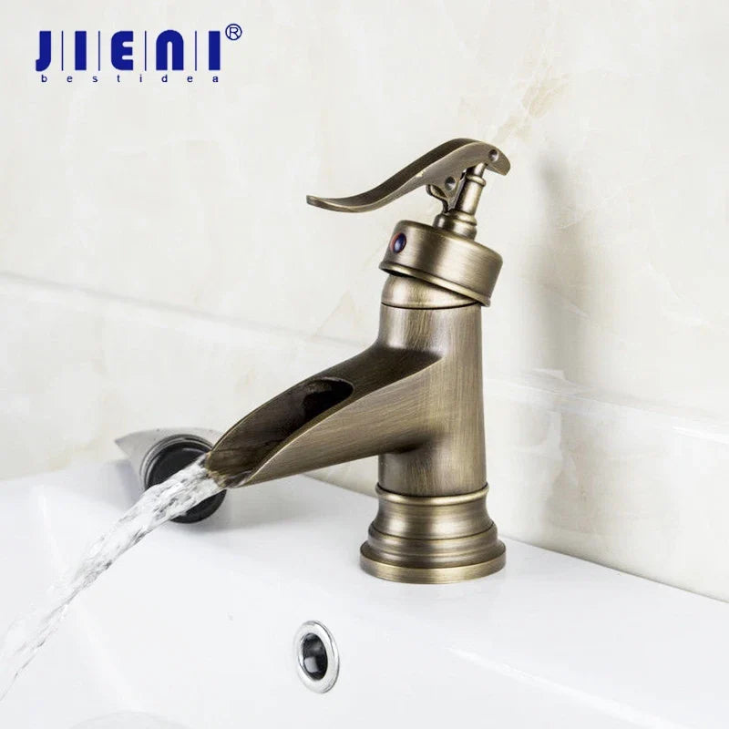 Afralia™ Antique Brass Waterfall Basin Faucet with Art Design Handle