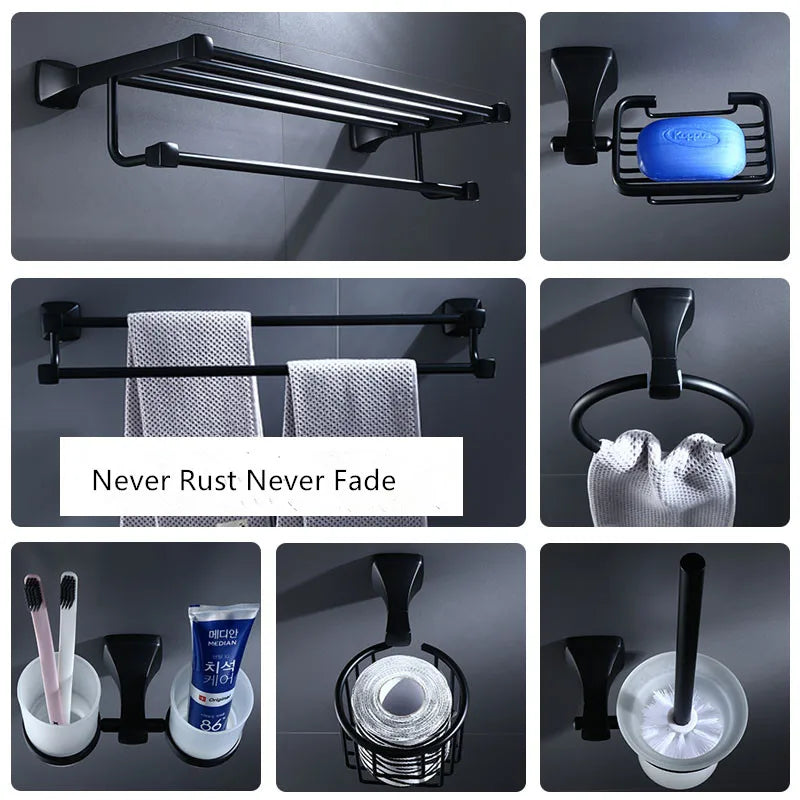 Afralia™ Aluminum Black Bathroom Hardware Set: Towel Holder, Paper Holder, Corner Shelf, Towel Rack, Toilet Brush Holder