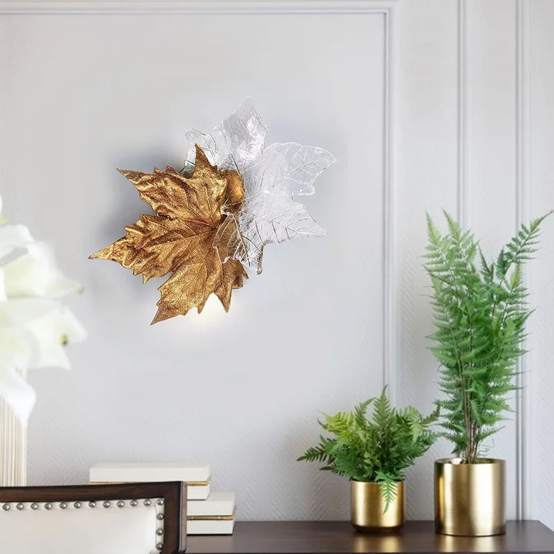 Afralia™ Luxury Copper Maple Leaf Crystal Glass Wall Sconce