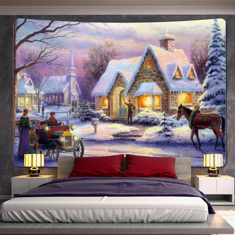 Afralia™ New Year Christmas Snow Scene Oil Painting Tapestry Bohemian Home Decor