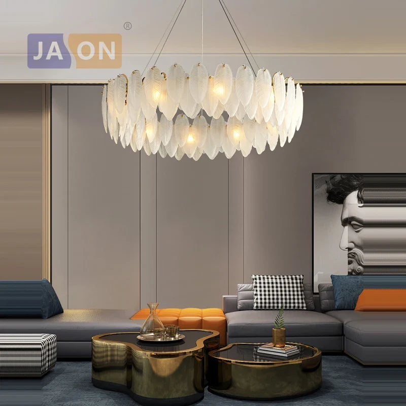 Afralia™ White Glass Feather LED Chandelier - Designer Oval Goose Feather Lighting