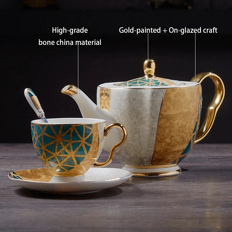 Afralia™ Luxe Gold Inlay Bone China Coffee Set: Teapot, Cup, Sugar Bowl, Creamer, Mug