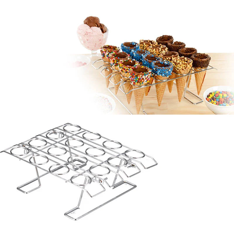 Afralia™ Stainless Steel Ice Cream Cone Display Rack Stand for Baking and Cooling