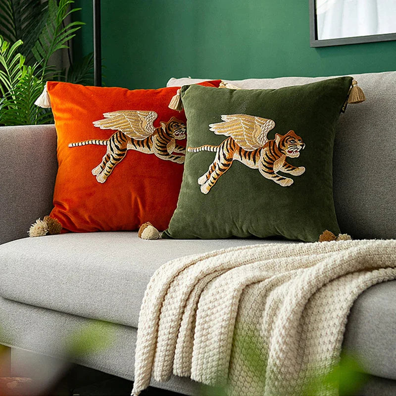 Afralia™ Tiger Wings Embroidered Lumbar Pillow Cover Dark Green Sofa Case 30x50cm