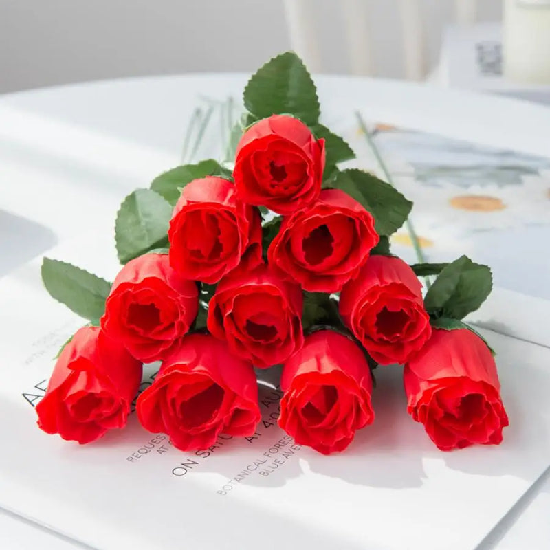 Afralia™ Red Silk Roses Bouquet Vase - Home Garden Wedding Decor Fake Flowers Bouquet