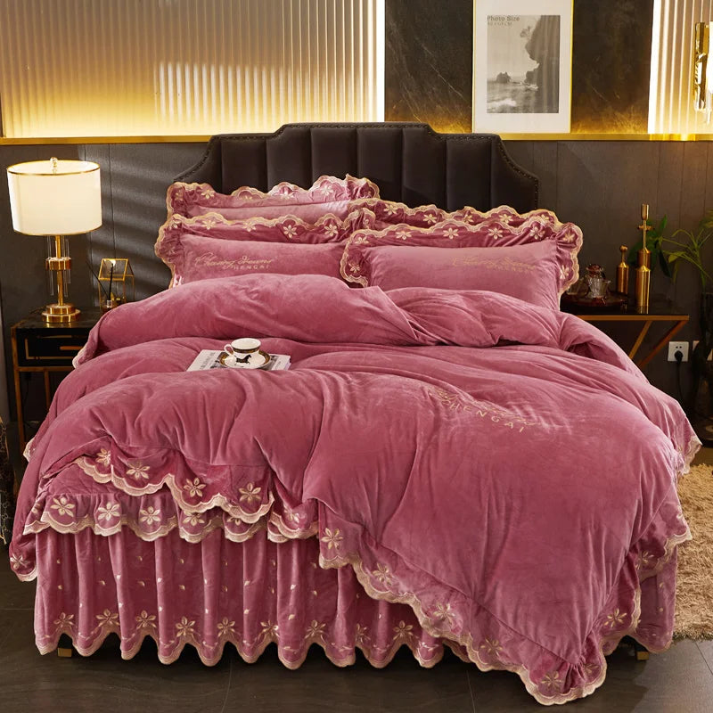 Afralia™ Velvet Bedding Set with Gold Embroidery & Ruffles