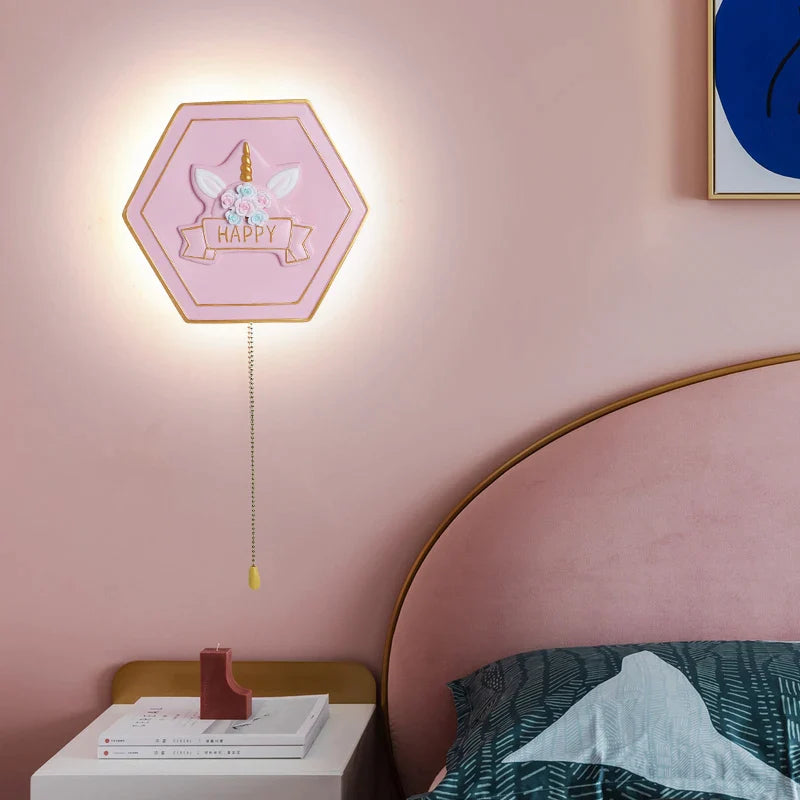 Afralia™ Princess Unicorn Astronaut Wall Lamp for Kids Bedroom - Hexagon Shape