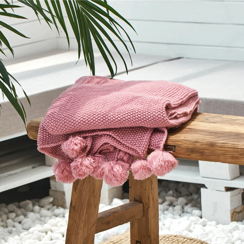 Afralia™ Osmanthus Needle Throw Blanket with Pompoms - Wine Pink