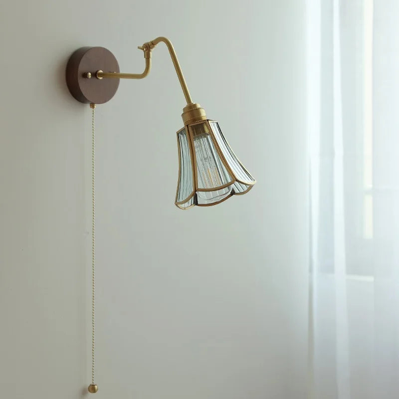 Afralia™ Vintage Pull Chain Wall Lamp Copper Arm Wood Base Light Fixtures