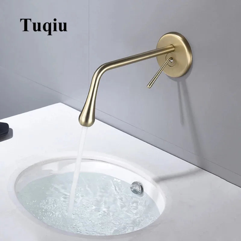 Afralia™ Brushed Gold Basin Faucet, Hot & Cold Mixer Tap, In-Wall Water Drop Faucet