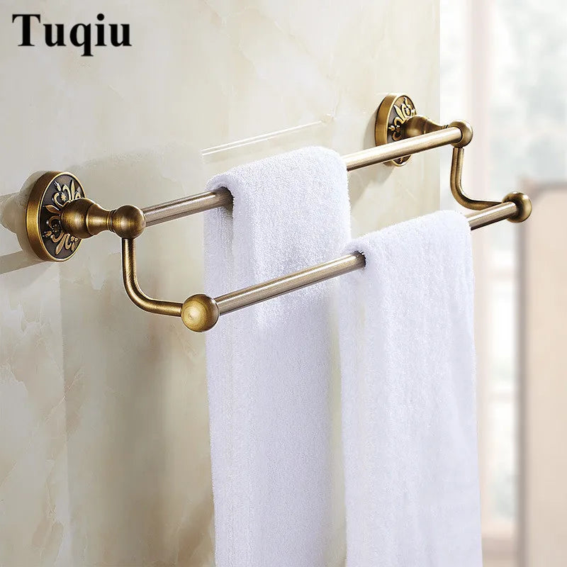 Afralia™ Antique Bronze Carved Bathroom Accessories Set: Towel Rack, Paper Holder, Toilet Brush Holder, Hooks