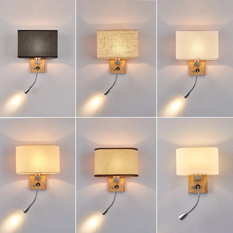 Afralia™ Chinese Wood LED Wall Lamp for Bedroom Reading, Nordic Fabric Lighting Fixture