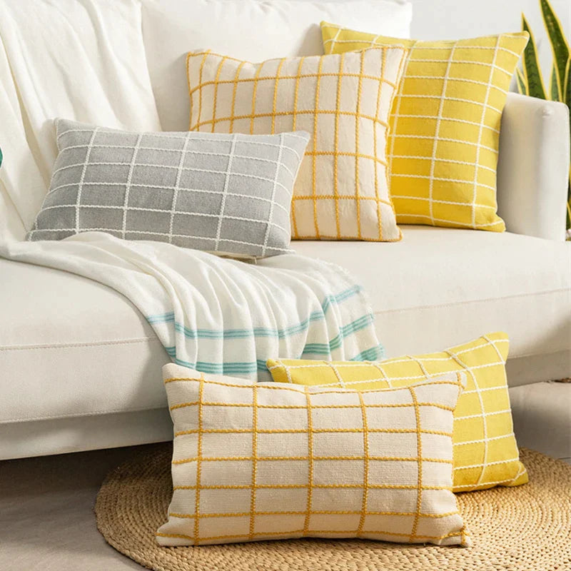 Afralia™ Cotton Woven Check Yellow Grey Ivory Cushion Cover for Home Living Room