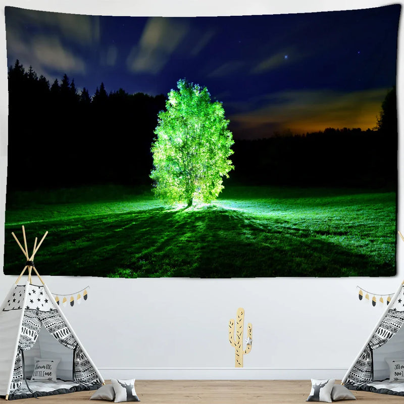 Fluorescent Green Stripe Luminous Plant Tapestry Wall Hanging for Bohemian Living Room Decor - Afralia™