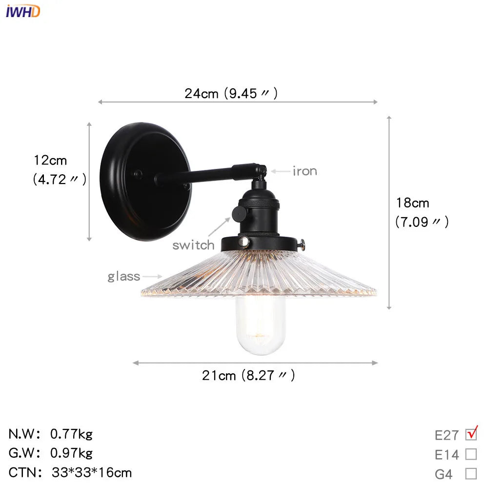 Afralia™ Loft Glass Ball Wall Light Switch Black Wall Sconces - Industrial Decor