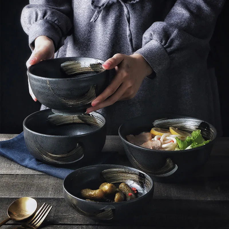 Afralia™ Black Ceramic Sushi Plate and Rice Bowl Set