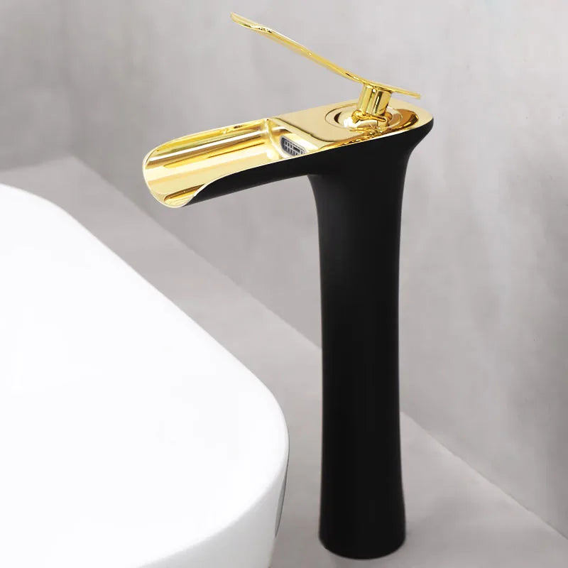 Afralia™ Gold Waterfall Bathroom Basin Faucet, White Mixer Tap Hot Cold Sink Plugin