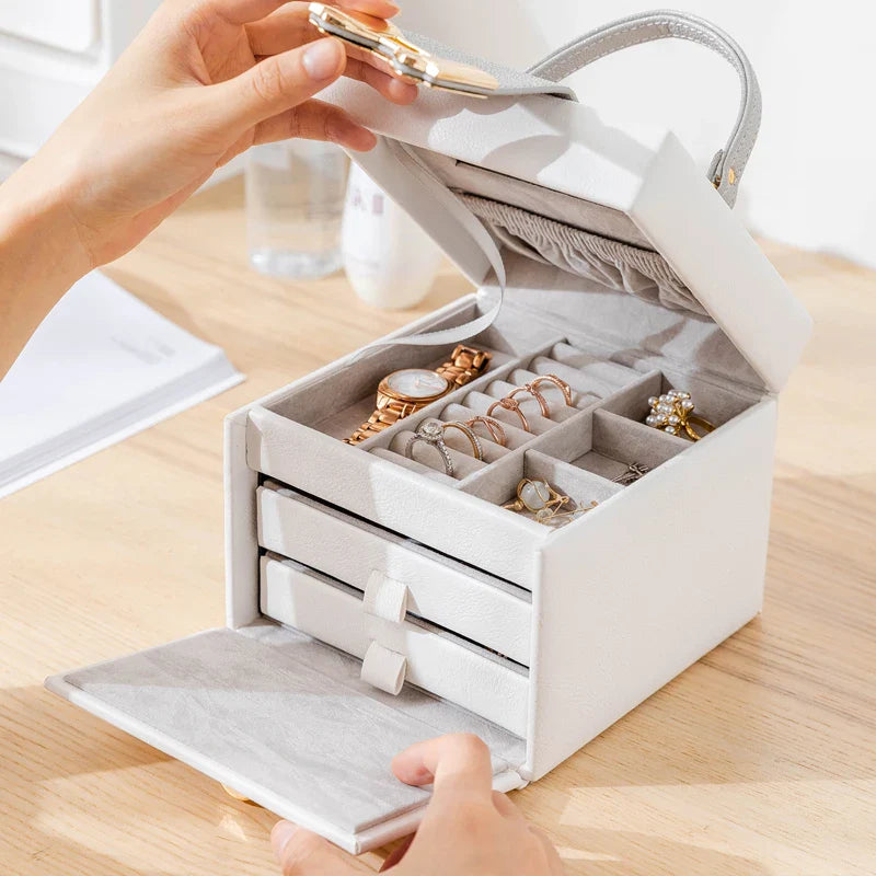 Afralia™ White PU Three-Layer Jewelry Box for Women: Watch, Bangles, Necklaces, Rings, Display Organizer